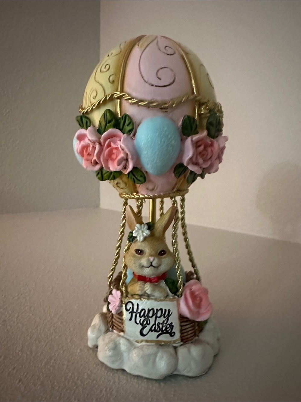 Easter Bunny Hot Air Balloon Figurine - Pink & Gold
